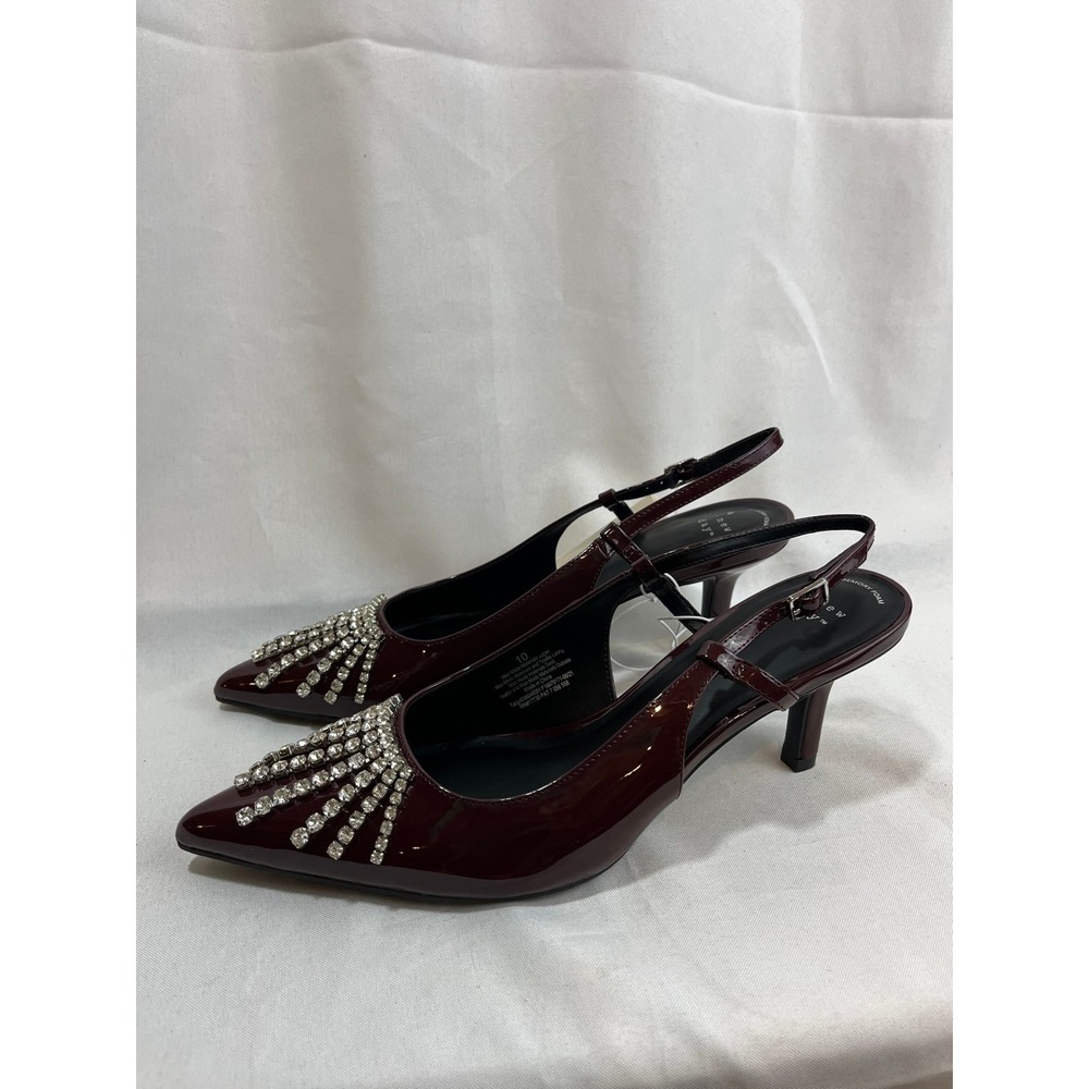 A New Day Burgundy Patent Rhinestone Slingback Pumps Kitten Heels Size 10